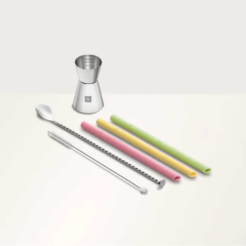 Nespresso Recipe Kit with Silver Jigger, Spoon & Colorful Straws